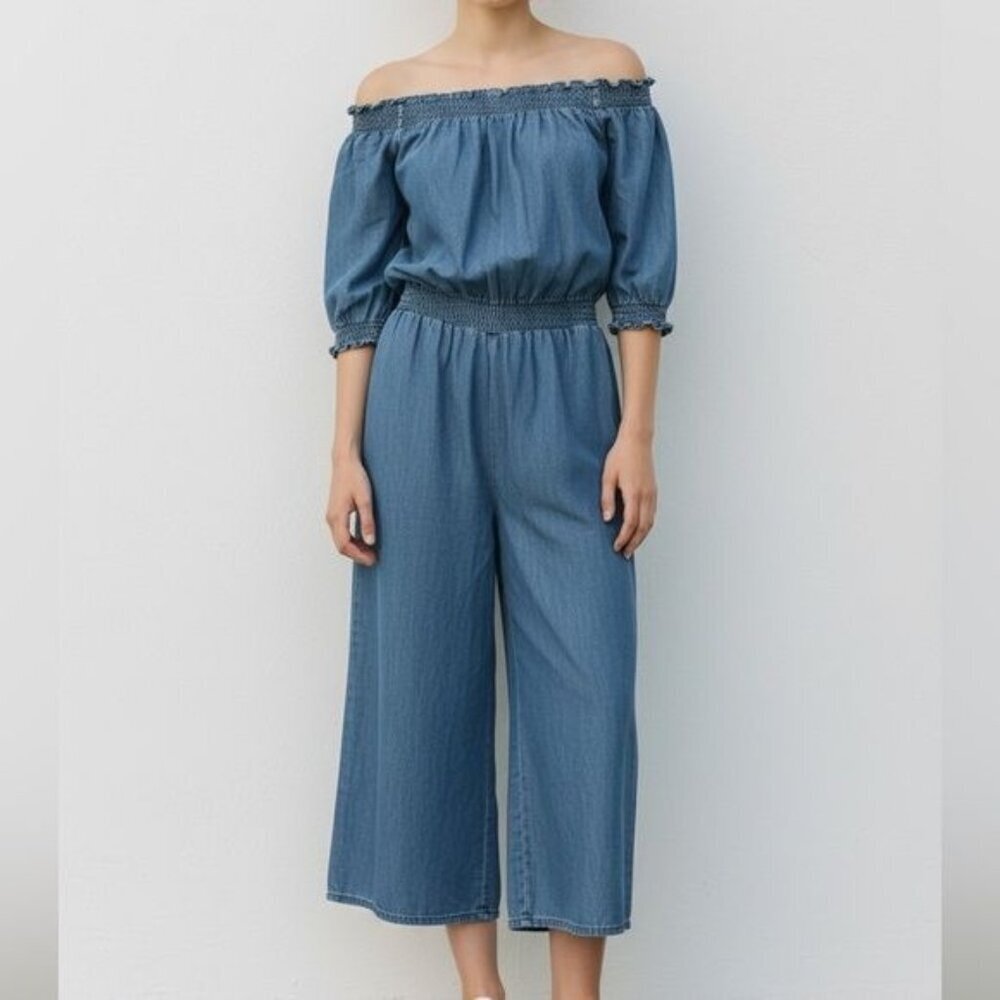 Walter Baker Chambray Wide Leg Off Shoulder Jumpsuit Size Small